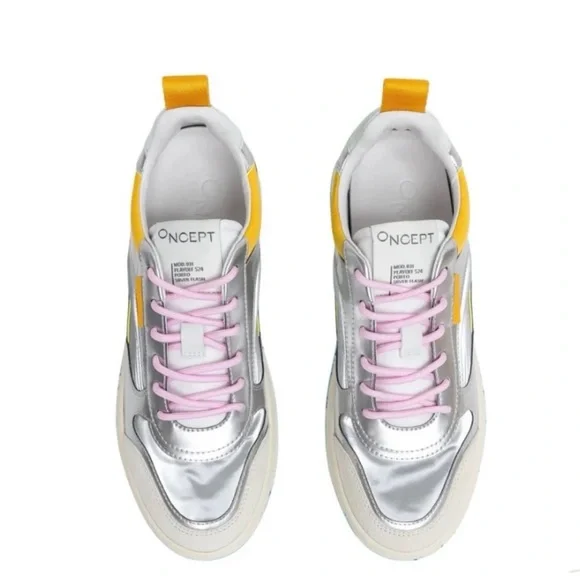 ONCEPT Silver Metallic Sneakers with Pink Laces & Yellow Accents - Picture 1 of 7